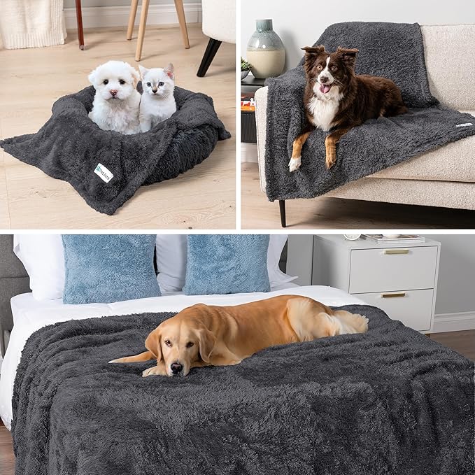 PetAmi Fluffy Waterproof Dog Blanket for Bed Large Dogs, Soft Warm Pet Sherpa Throw Pee Proof Couch Cover, Reversible Cat Blanket Sofa Crate Kennel Protector, Washable Mat (Grey, 60x80)