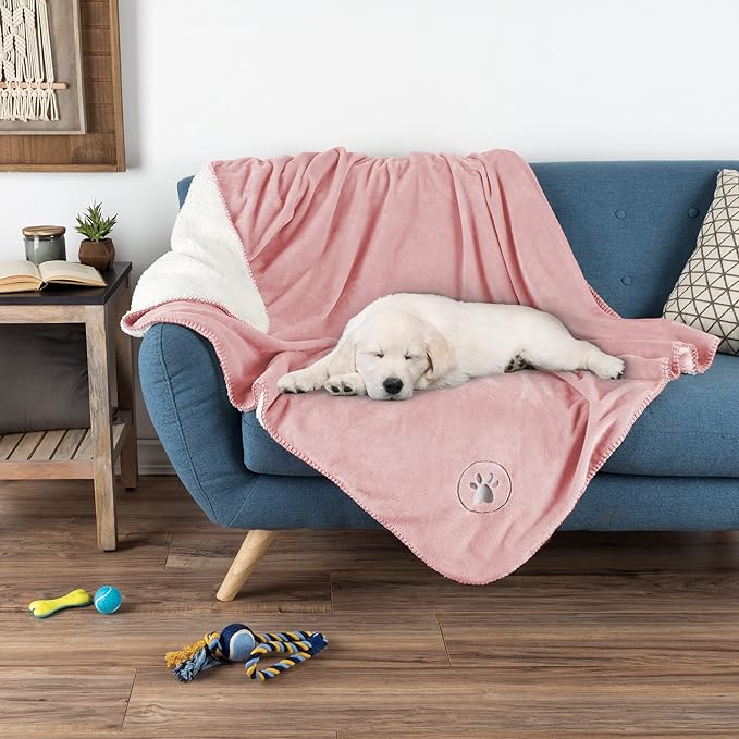 Waterproof Pet Blanket - 50x60-Inch Reversible Sherpa Fleece Throw Protects Couches, Cars, and Beds from Spills, Stains, and Fur by PETMAKER (Pink)