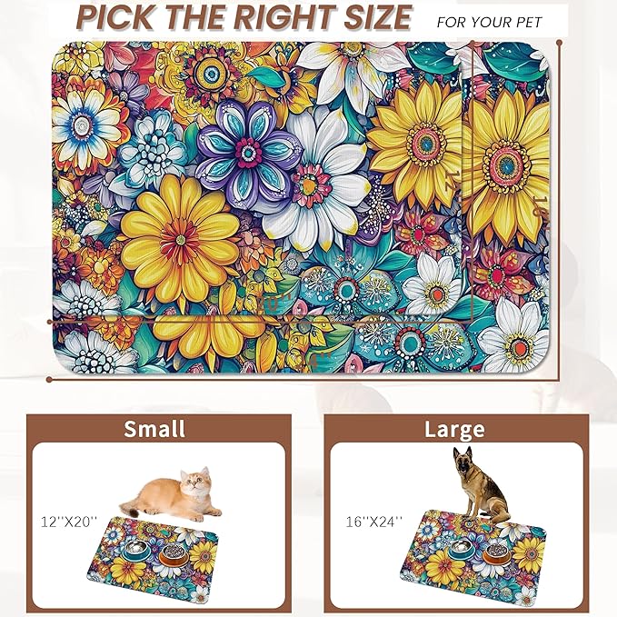 Floral Dog Food Mat for Floors,Cute Mandala Flower Absorbent Quick-Dry Pet Feeding Mat,Cat Dog Bowl Mats for Food and Water,Non-Slip Pet Accessories Supplies 12"x20"