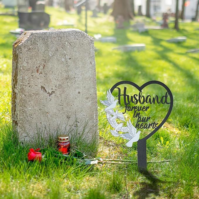 BUoonyer Stake Graves Cemetery Decorations - Husband Metal Memorial Grave Markers, Men Heart Graveyard Sympathy Plaque, Dove Remembrance Graveside Burial Decor Sign for Outside Yard Garden