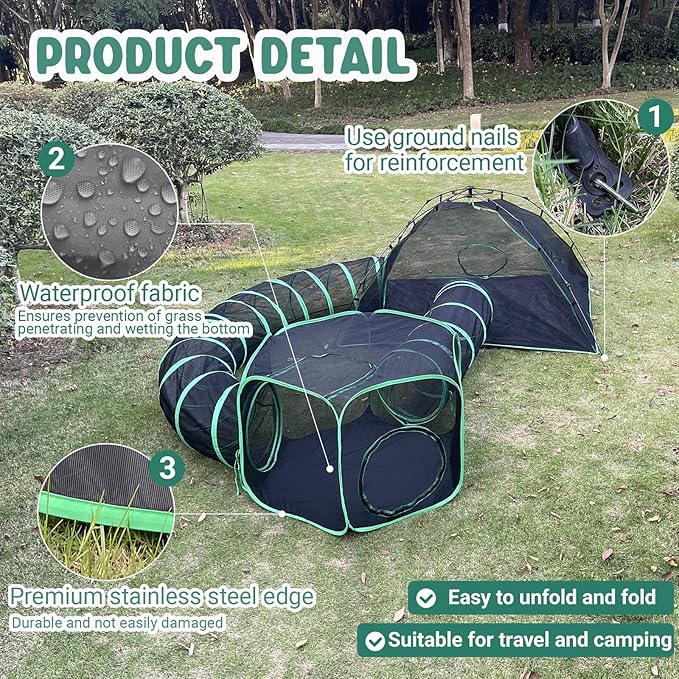 Cat Tents for Outside, Green Outdoor Cat Enclosures, Foldable Pet Playpen with Tunnels for Outside, Portable 4-in-1 Catio Including 2 Tents and 2 Tunnels