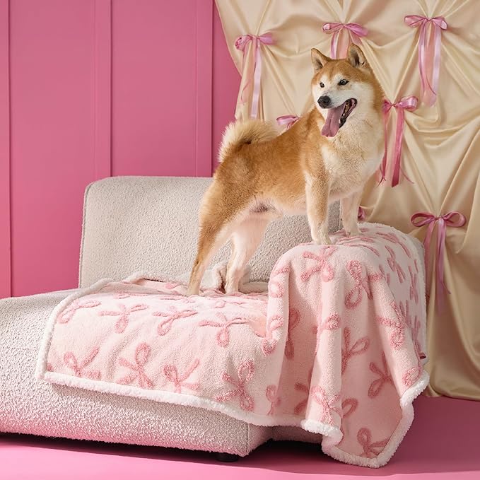 LE SURE Waterproof Puppy Blanket for Large Dogs - Washable Double Sided Dog Blankets with Warm Jacquard Shag and Soft Sherpa Fleece, Pet Cat Blanket for Couch Protection, Bow Design，Pink Taffy