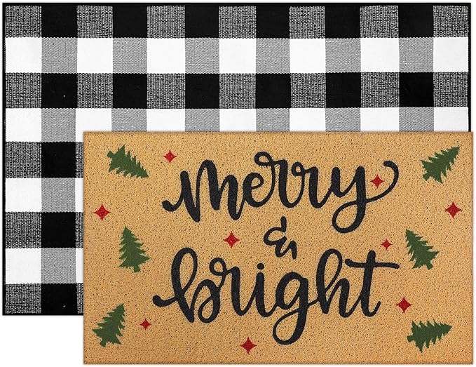 Tinideya 2 Pcs Door Mat Welcome Non Slip Coir Mats Floor Layering Doormats Seasonal for Front Porch Entryway Decor(Rustic Christmas)