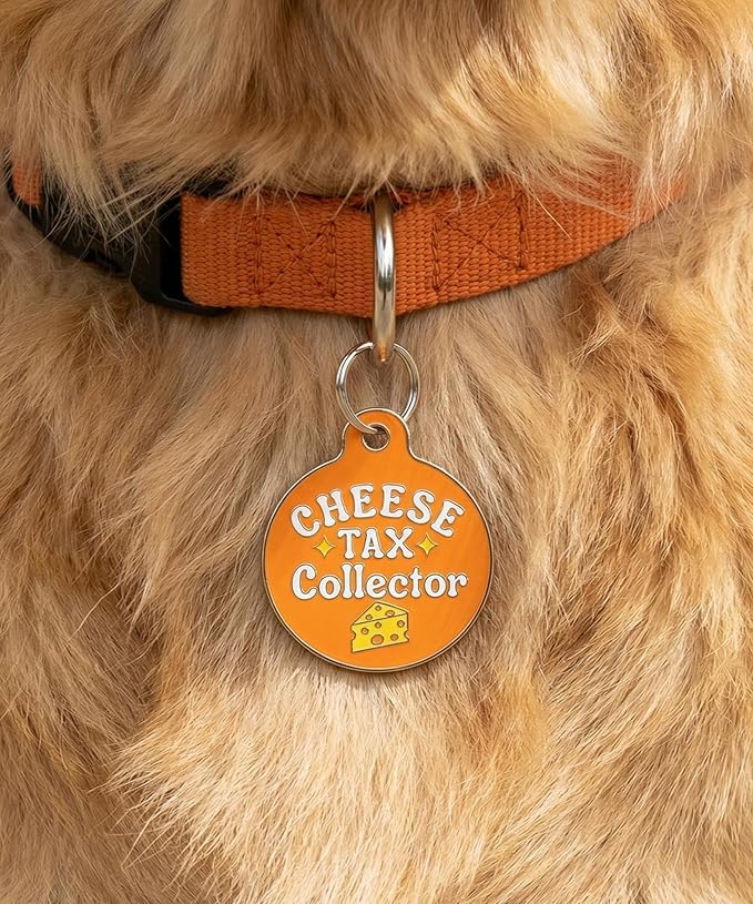 Bad Tags Personalized Dog and Cat ID Tags in 25+ Designs and 2 Sizes - 5 Lines of Custom Engraved Text - Funny Cute Personalized Pet Tags (Cheese Tax Collector, Large (1.25 inch))
