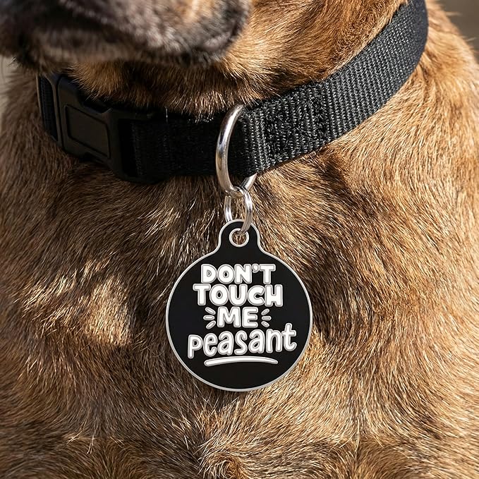 Bad Tags Personalized Dog and Cat ID Tags in 25+ Designs and 2 Sizes - 5 Lines of Custom Engraved Text - Funny Cute Personalized Pet Tags (Don't Touch Me Peasant, Small (1 inch))