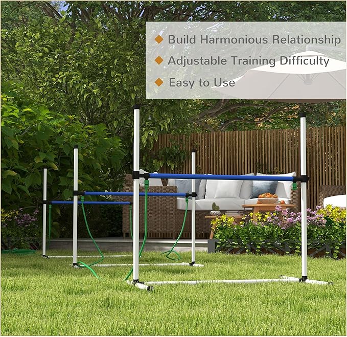 PawHut 4 Piece Dog Agility Training Equipment Set with Spray Water Tube, Dog Agility Set with Adjustable Height Hurdles, Whistle, Carry Bag, White