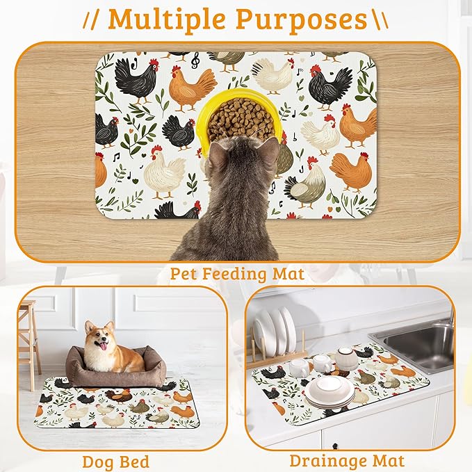 Dog Bowl Mat,Chickens Roosters Pet Feeding Mat for Floors Waterproof,Plants Leaf Absorbent Dogs Placemat for Food and Water Quick Dry Pet Cat Feeding Mats with Non Slip Bottom 16" x 24"