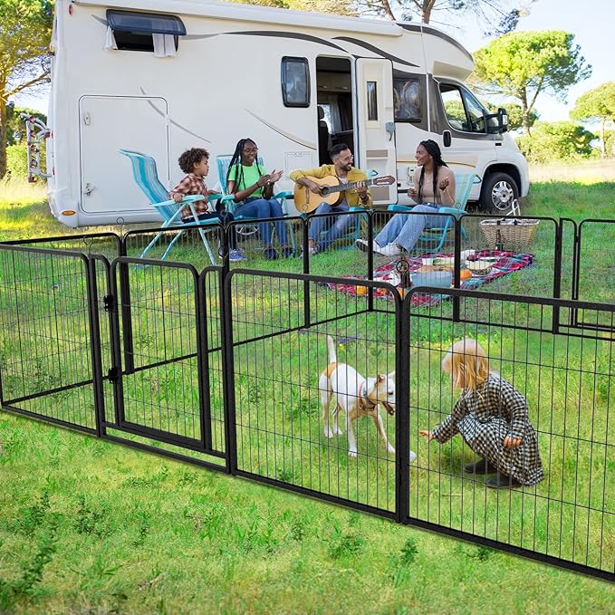 Dog Playpen Outdoor Extra Wide 12 Piece Panels Heavy Duty Dog Fence 32" Height Anti-Rust with Doors Portable for RV Camping Yard, Total 32FT, 79 Sq.ft, Snowy Black