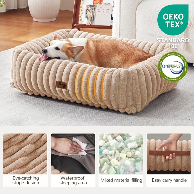 Washable Dog Bed for Small Medium Dogs - Rectangle Orthopedic Corduroy Fleece Pet Bed with Removable Cover and Nonskid Bottom, Calming Puppy Bed Soft Pet Sofa, Camel(35x25x9inchs)