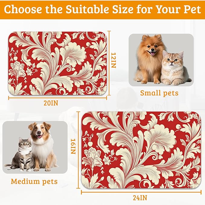 Red White Flower Feeding Mat,Paisley Absorbent Quick-Dry Cat Dog Food and Water Bowl Mats,Non-Slip Rubber Backing Mat,Cat Dog Accessories Supplies 12" x 20"