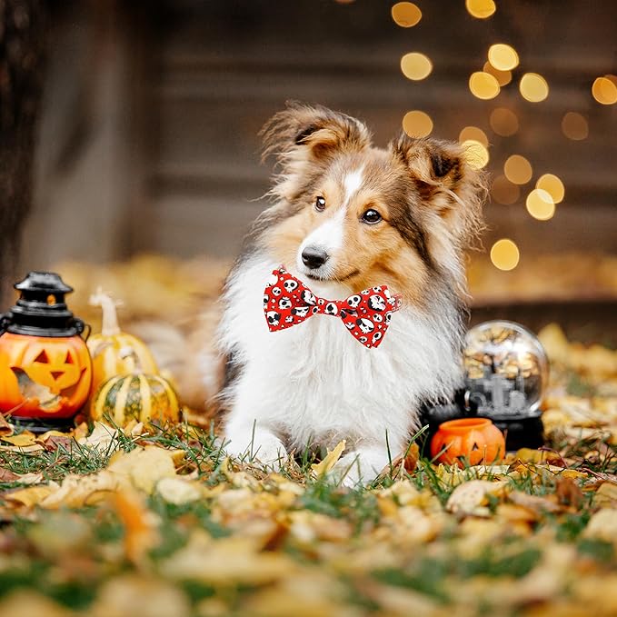 Halloween Dog Collar, Holiday Adjustable Ghost Skull Collar with Bow Tie Metal D-Ring & Secure Buckle Soft Nylon for Small Medium Pets Puppies