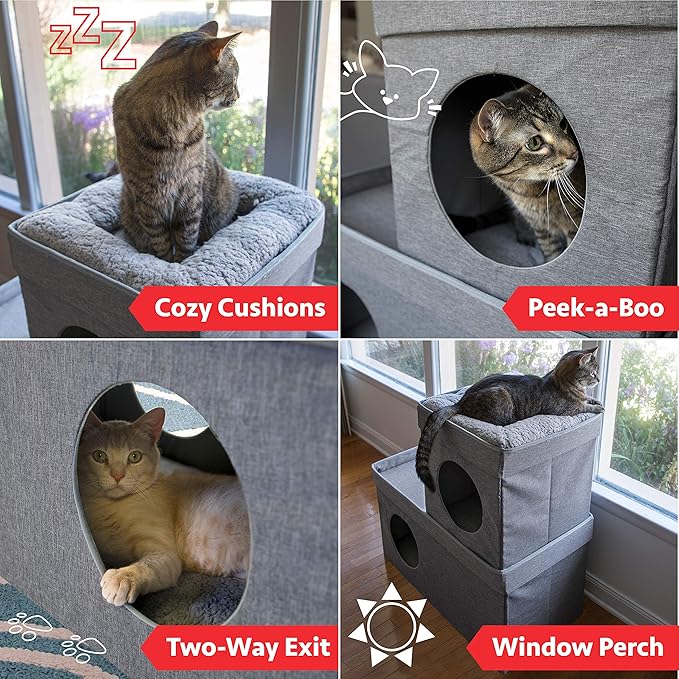 Kitty City Large Stackable Cat Condo & Cube House, Modular Indoor Cat Furniture with Plush Washable Beds, Collapsible Cat Cave & Lounging Ottoman, Grey