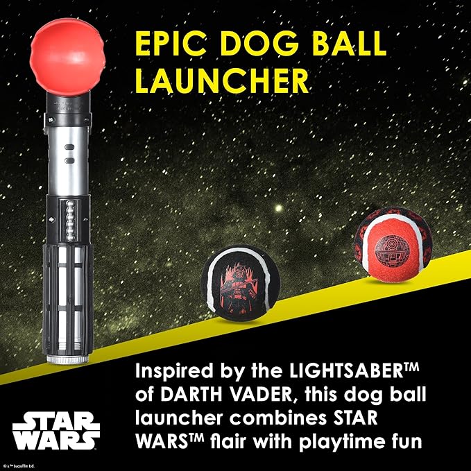 STAR WARS for Pets Lightsaber Ball Launcher for Dogs – Darth Vader Themed Retractable Dog Ball Thrower with Tennis Balls, Launches Up to 150 Feet