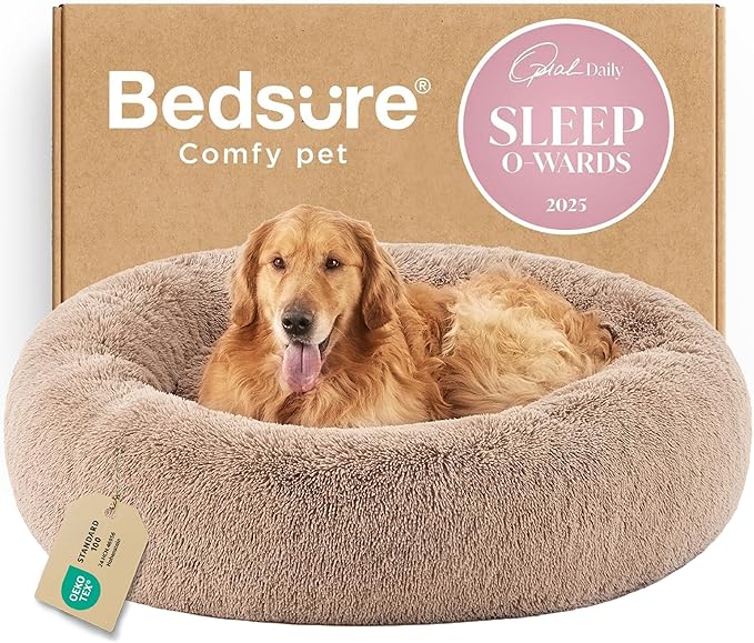 Bedsure Calming Dog Bed for Extra Large Dogs - Donut Washable Large Pet Bed, 45 inches Anti-Slip Round Fluffy Plush Faux Fur Dog Bed, Fits up to 120 lbs Pets, Camel