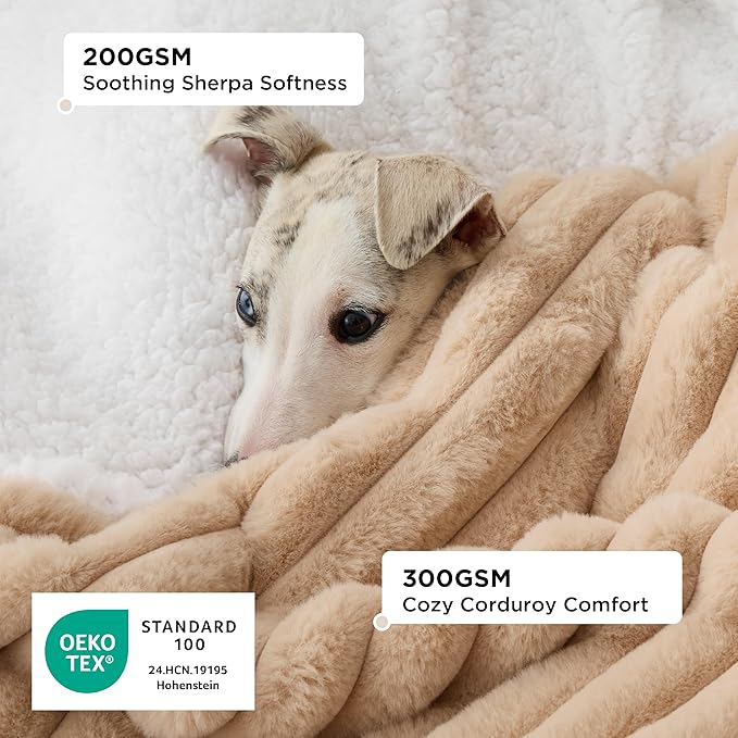 Bedsure ComfyFleece™ Waterproof Dog Blankets for Large Dogs - Soft Pet Cat Blanket Corduroy Fleece for Couch Bed Protector Washable, Cozy Calming Reversible Furniture Protection,50"x60", Tuscan Beige