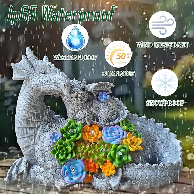 Dragon Solar Garden Statues Outdoor Decoration with Succulent and 6 LED Lights,Dragon Figurine Solar Lights Lawn Décor,Outside Statue Ornament for Patio, Balcony, Yard,Unique Gift for Mom