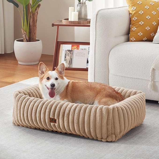 Washable Dog Bed for Small Medium Dogs - Rectangle Orthopedic Corduroy Fleece Pet Bed with Removable Cover and Nonskid Bottom, Calming Puppy Bed Soft Pet Sofa, Camel(30x24x8inchs)