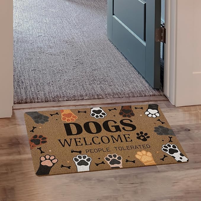 Dogs Welcome People Tolerated Door Mat, Cute Dog Paws Print Artificial Coir Front Door Mat Indoor Outdoor Entrance, Funny Dog Paw Welcome Doormat Rug for Porch Entryway Patio Decor, 17X30 Inch