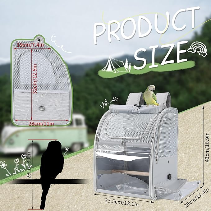 Sanmoncare Bird Carrier Backpack with 2 Adjustable Perches, Water-Repellent Parrot Travel Cage with Stainless Steel Tray, Breathable Pet Carrier for Cockatiels, Conures and Vet Visits