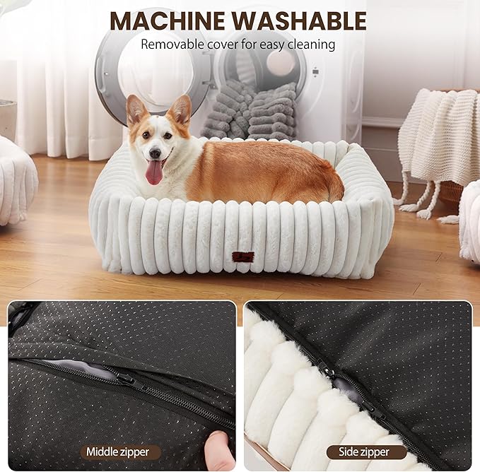 Washable Dog Bed for Small Medium Dogs - Rectangle Orthopedic Corduroy Fleece Pet Bed with Removable Cover and Nonskid Bottom, Calming Puppy Bed Soft Pet Sofa, Cream(30x24x8inchs)