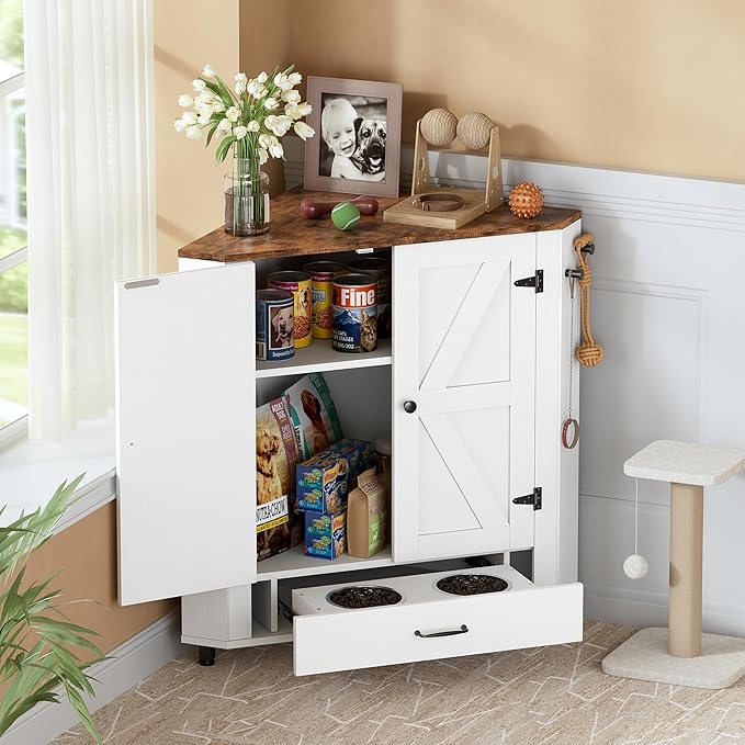 PakaLife Farmhouse Dog Food Storage Corner Cabinet, Dog Feeding Station with 2 Hidden Bowls, Adjustable Panel, 4 Hooks, Pet Feeding Station Corner Cabinet for Medium, Small Sized Dogs