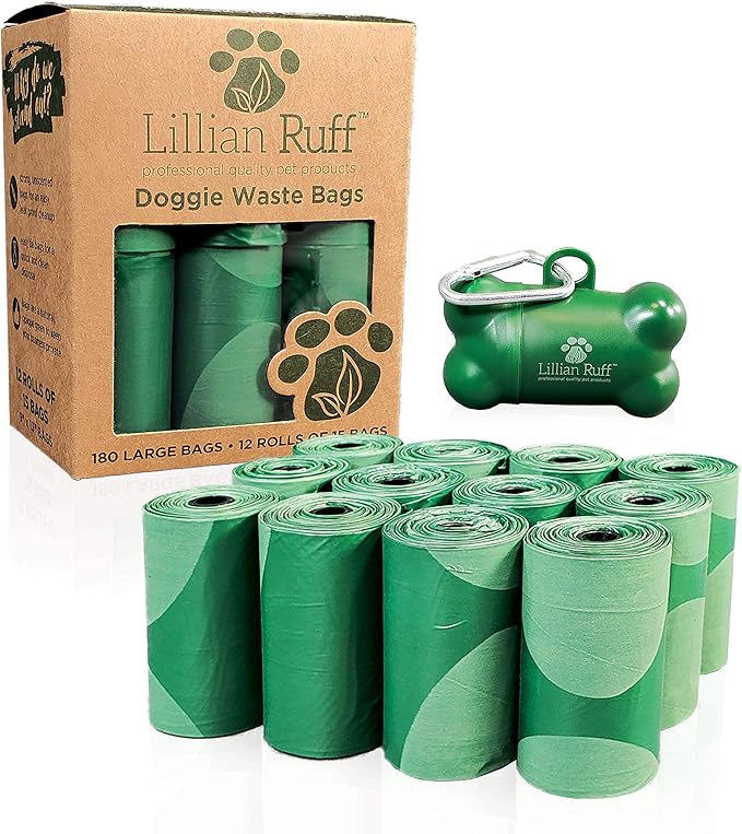 Lillian Ruff Doggie Bags for Poop - 12 Rolls of 13 x 9 Inch Extra Thick Leak Proof Unscented Dog Poop Bags - 15 Waste Bags Per Roll Total of 180 Easy to Open Doggy Bags