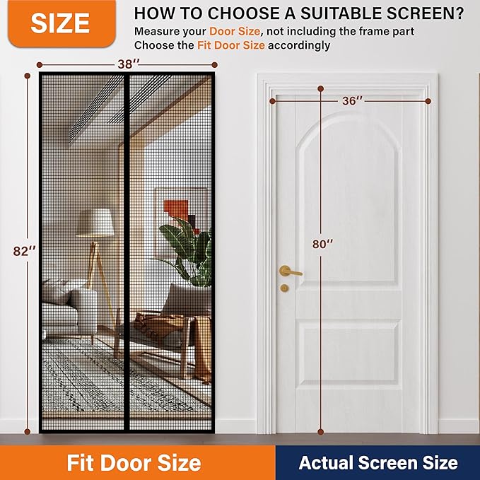 Magnetic Screen Door，Fiberglass Screen Door Mesh，Keep Bugs Out, Heavy-Duty Mesh Curtain,Pet and Kid Friendly, Works with Front Doors, Sliding Doors（36x80 Inch Fiberglass