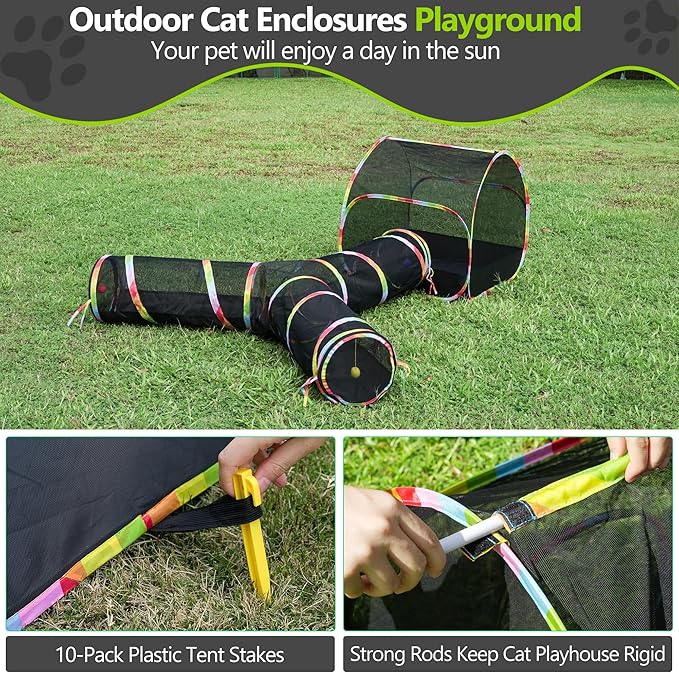 Outdoor Cat Enclosure with Cat Tunnel, Tent, Playhouse and Cat Toy Ball with Bell - Portable Indoor/Outdoor Playpen for Small Cats & Animals