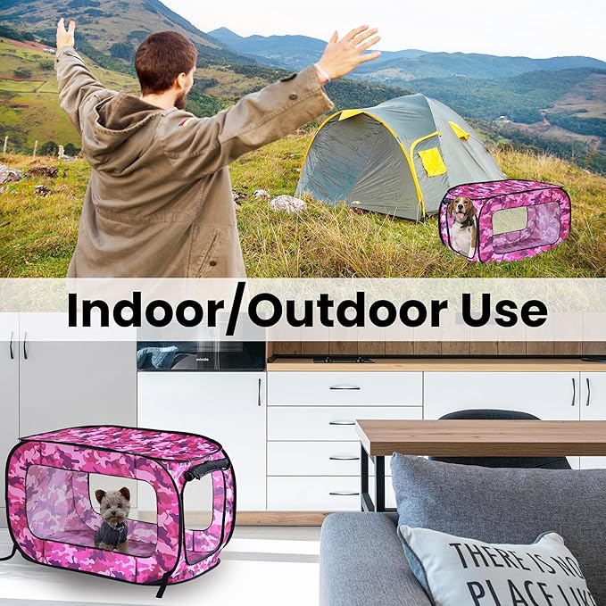 Beatrice Home Fashions Portable, Collapsible, Pop Up Kennel Travel Cat and Dog Crate, 32.5" L x 19.5" W x 19.5" H, Camo Pink