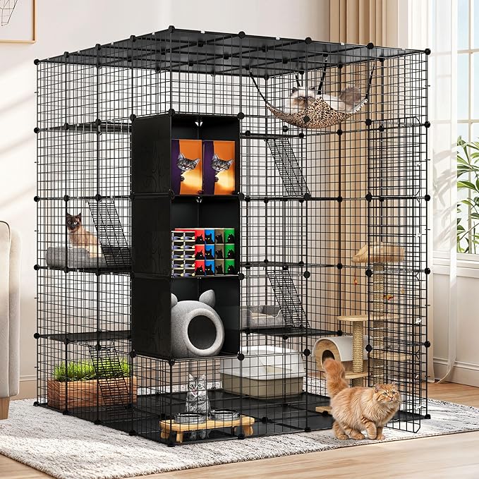 YITAHOME Cat Cage Indoor Large with Storage Cube DIY Outdoor Catio Cats Enclosures Metal Cat Playpen with Hammock Platforms for 1-4 Cats 5 Tiers Cat Kennel