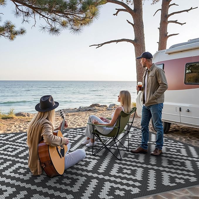 GENIMO Outdoor Rug for Patio Clearance,9'x12' Waterproof Large Mat,Reversible Plastic Camping Rugs,Rv,Porch,Deck,Camper,Balcony,Backyard,Black & Gray