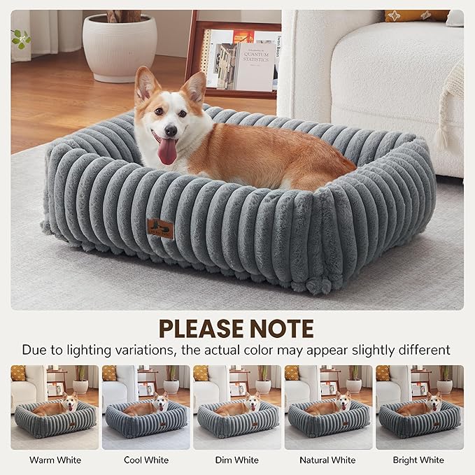 Washable Dog Bed for Small Medium Dogs - Rectangle Orthopedic Corduroy Fleece Pet Bed with Removable Cover and Nonskid Bottom, Calming Puppy Bed Soft Pet Sofa, Grey(35x25x9inchs)
