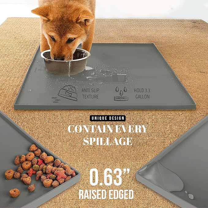 AVERYDAY 100% Waterproof Thicker Silicone Dog Food Mat, 0.63'' Raised Edge Bowl Mat for Food & Water, Non Slip Pet Feeding Placemat for Messy Drinkers, Perfect for Large Medium Small Breeds, 23"x16"
