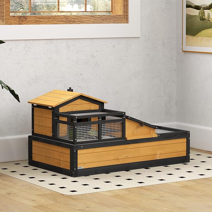PawHut 3- Room Tortoise House Habitat with Balcony & 2 Stories, Indoor/Outdoor Wooden Tortoise Enclosure with Ladder, Tray, Openable Roof, Large Reptile Cage, 44" x 25.5" x 23", Yellow