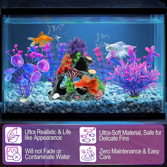 MyLifeUNIT Fish Tank Decorations, 7 Pieces Aquarium Plants Set with Coral Reef Decoration Mountain Cave Ornament for Betta, Goldfish, Shrimp to Breed, Play and Rest (Purple)