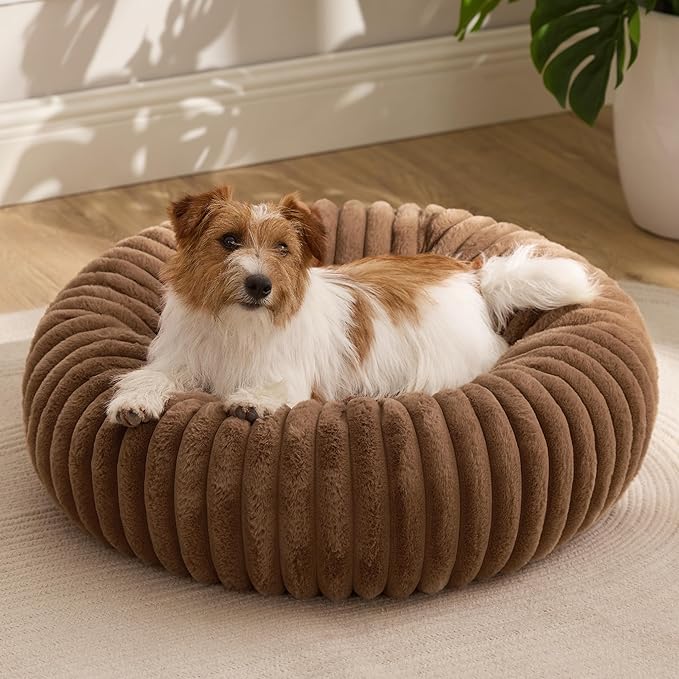 Bedsure ComfyFleece™ Donut Small Dog Bed - Dog Beds for Small Dogs with Corduroy Fleece & Anti Slip Bottom, Round Faux Fur Pet Beds with Washable Removable Cover, Camel Brown, 27x27x8 inches