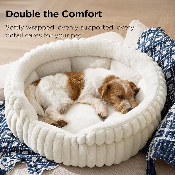 Bedsure ComfyFleece™ Medium Dog Bed, Washable Cute Pet Bed, Super Soft Corduroy Round Cat Bed with Anti-Slip Bottom, 26''x26''x9'', Cream