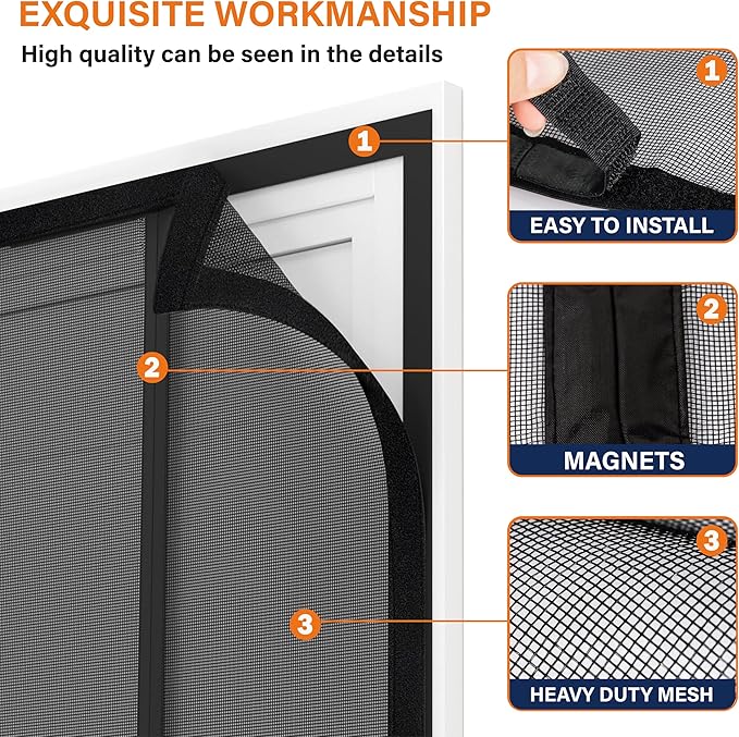 Double Door Fiberglass Magnetic Screen Door，Screen Door Mesh，Keep Bugs Out, Heavy-Duty Mesh Curtain,Pet and Kid Friendly, Works with Front Doors, Sliding Doors（74x80 Inch