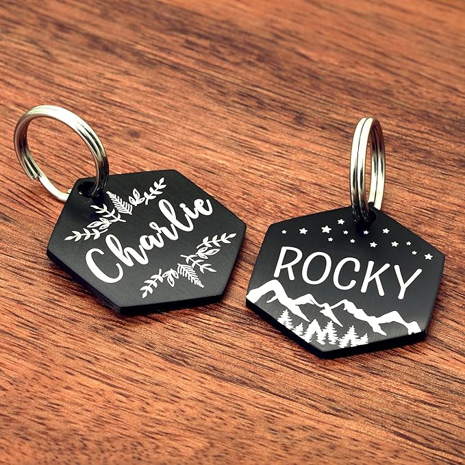Ultra Joys Stainless Steel Personalized Dog & Cat Tags, Front & Back Engraving, Hexagon Mountain Design, Large