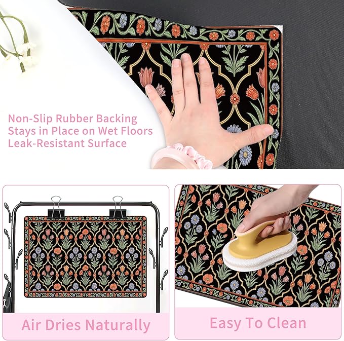 Pet Feeding Mat 24 x 16 Inch, Black Floral Pet Placemat Absorbent Quick-Dry for Food and Water, Waterproof Non Slip Rubber Bowl Pad Mat for Floors
