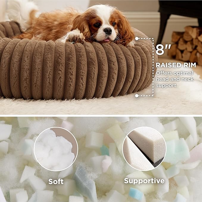 Bedsure ComfyFleece™ Donut Medium Dog Bed - Washable Faux Fur with Corduroy Fleece & Anti Slip Bottom, Round Pet Bed with Removable Cover, Camel Brown, 30x30x8 inches