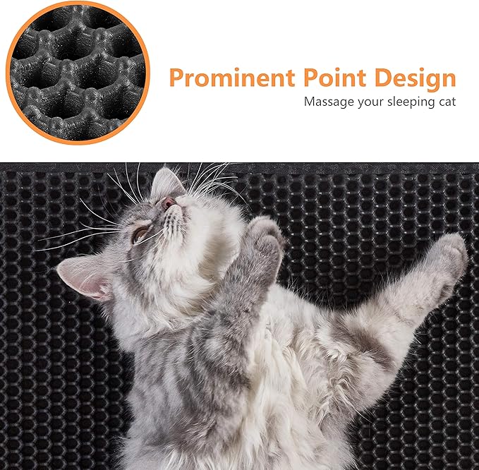 Cat Litter Mat-30"X24" Large Litter BoxTrapping Mat for Kitty EVA Honeycomb Double Layer Design, Urine & Waterproof with Handle Design Easier to Clean, Washable, Black