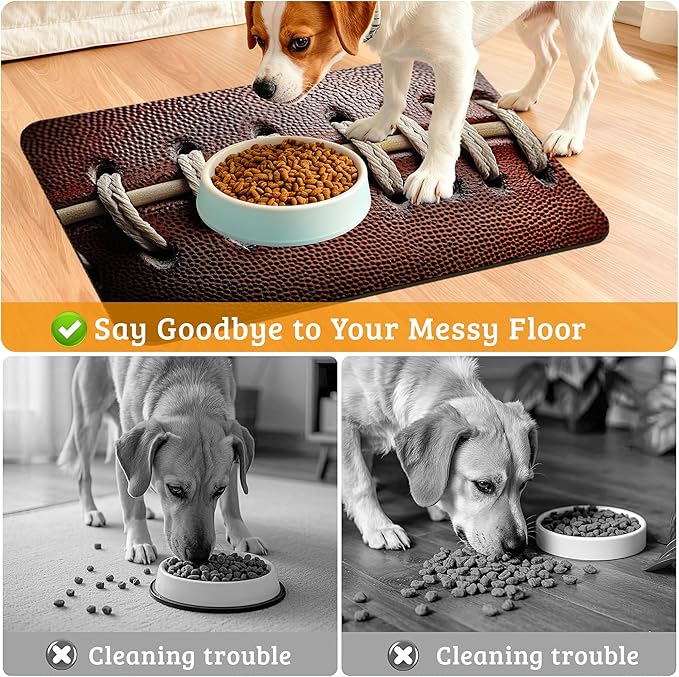 Football Texture Feeding Mat,Laces Stripes Absorbent Quick-Dry Cat Dog Food and Water Bowl Mats,Non-Slip Rubber Backing Mat,Cat Dog Accessories Supplies 12" x 20"