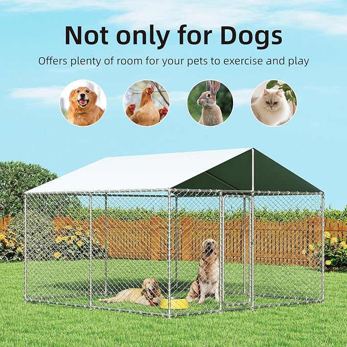 10x10 FT Outdoor Dog Kennel Outside with Metal Large Dog Gate, Outdoor Dog Pens with Roof, Heavy Duty Dog Kennel for Backyard Farm Use (124x124x87IN)