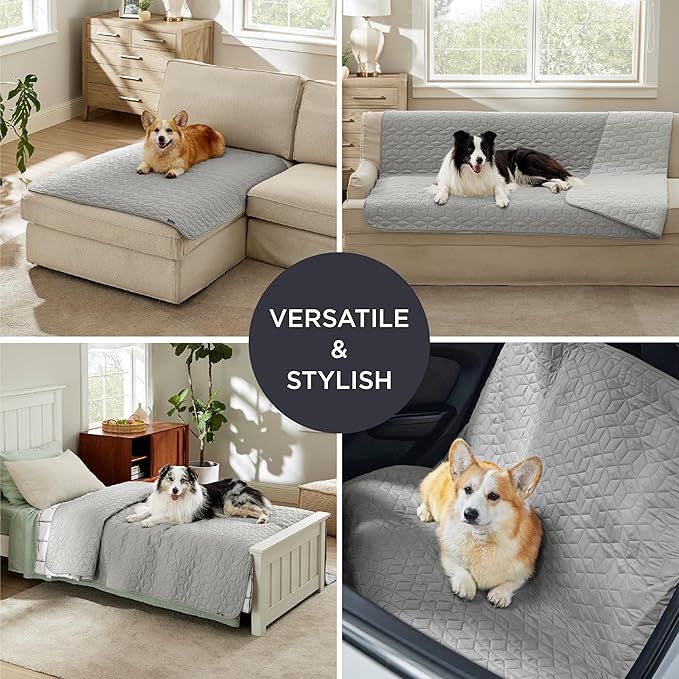 Bedsure 100% Waterproof Bed Cover for Dogs Washable - Non Slip Waterproof Dog Blanket for Bed, Lightweight Furniture Protector Durable for Pet Cat Puppy with Non-Slip Bottom, Grey, 82x82IN