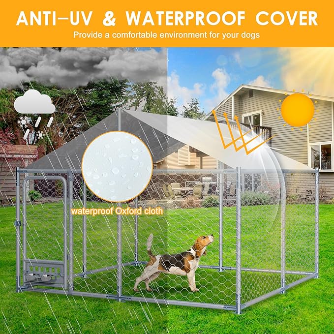 7.5×7.5×5.3 FT Outdoor Dog Kennel with Roof, Dog Enclosure w/Rotating Feeder, Large Heavy Duty Dog Run Playpen w/2 Stainless Bowls, Galvanized Pet House w/Secure Lock, Waterproof Cover (7.5FT)