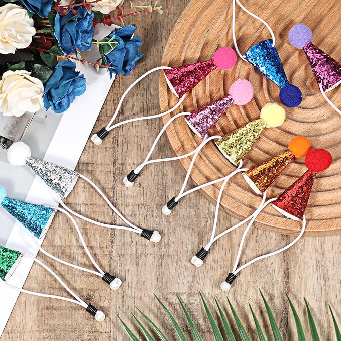 10PCS Small Party Hats for Stuffed Animals, Mini Birthday Hats for Stuffed Animals, Dogs, Cats, Adjustable Tiny Hat with Pom Poms, Holiday Birthday Costume Accessories