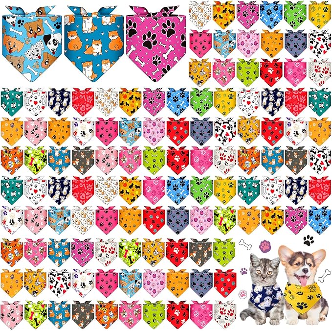 Sanwuta 120 Pcs Bandanas for Dogs Bulk Dog Bone and Paw Print Pattern Triangle Bandanas for Groomers Washable Pet Scarves Adjustable Bibs for Small and Medium Pets, 30 Styles