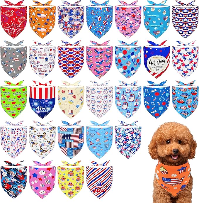 30 Pack 4th of July Dog Bandanas Bulk for Small Dogs Kittens Breed 18 Inch Patriotic Dog Bandanas XS Puppy Doggy Independence Day Dogs Bandana Grooming S