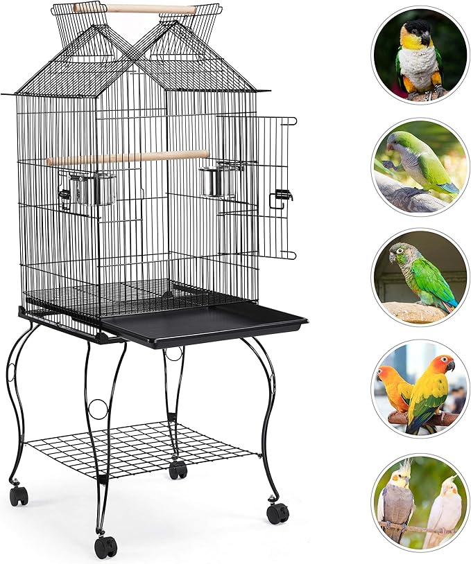 Yaheetech 57-Inch Rolling Open Top Roof Bird Cage for Mid-Sized Parrots Cockatiels Caique Quaker Monk Indian Ring Neck Green Cheek Conure Middle Bird Cage with Detachable Stand